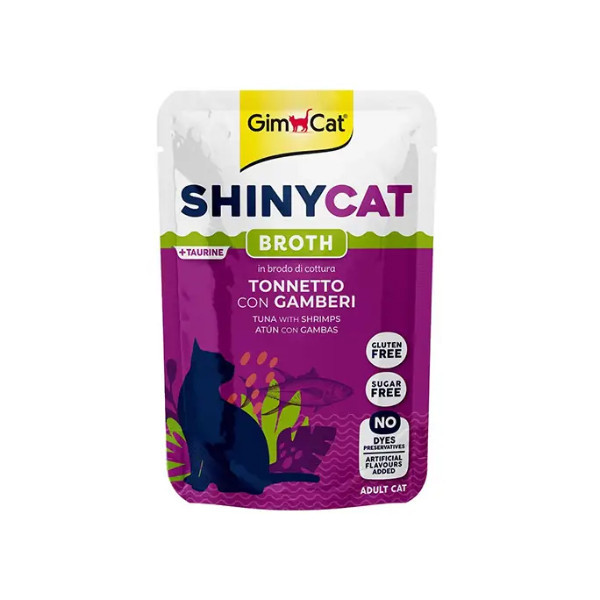 پوچ گربه بالغ جیم کت مدل ShinyCat Broth طعم ماهی تن و میگو وزن 70 گرم