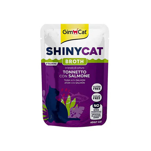 پوچ گربه بالغ جیم کت مدل ShinyCat Broth طعم ماهی تن و سالمون وزن 70 گرم
