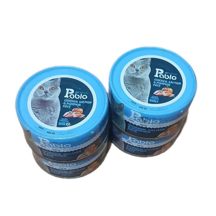 کنسرو غذای گربه بالغ پابلو مدل پته طعم مرغ و سالمون و کدو حلوایی مجموعه ۴ عددی ۸۰۰ گرم