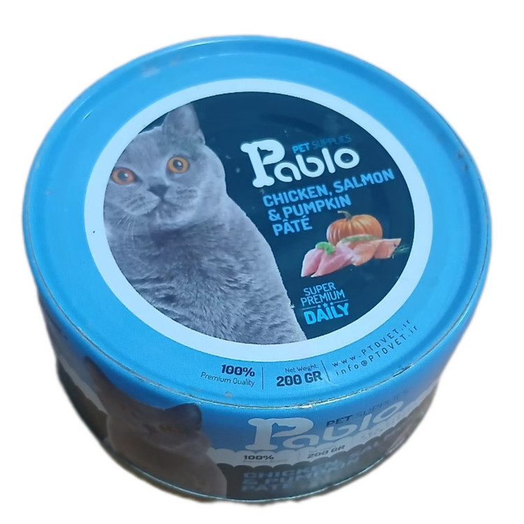 کنسرو غذای گربه بالغ پابلو مدل پته طعم مرغ و سالمون و کدو حلوایی مجموعه ۴ عددی ۸۰۰ گرم