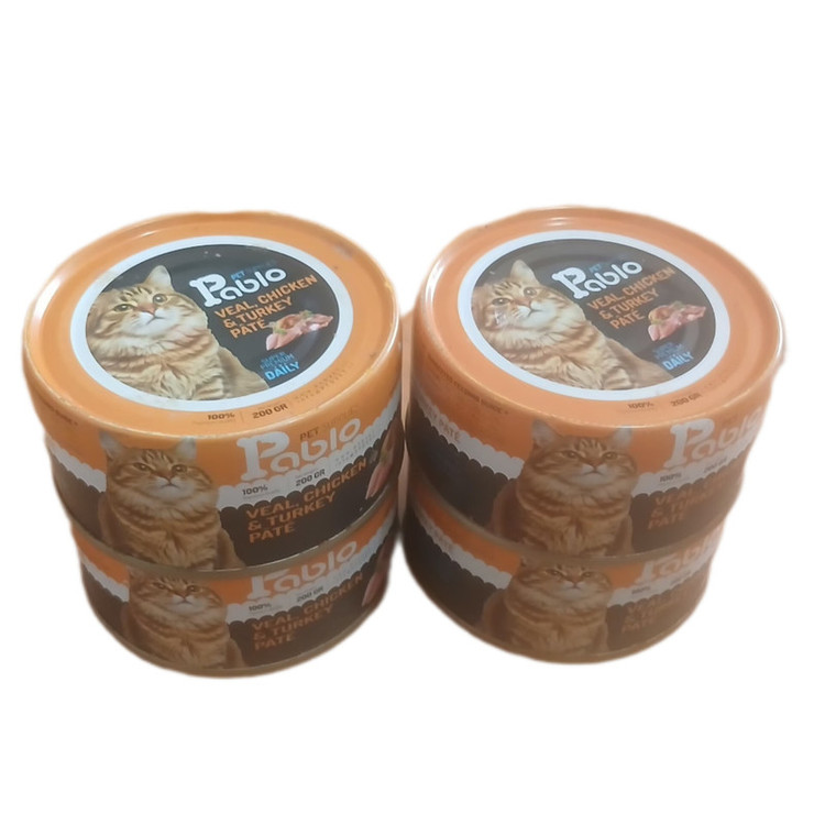 کنسرو غذای گربه بالغ پابلو مدل پته طعم گوشت گوساله و مرغ و بوقلمون مجموعه 4 عددی وزن 800 گرم